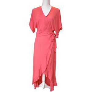 YFB Wrap Dress sz Sm Pink Coral Feminine Romantic Ruffle 70s Prom High Low